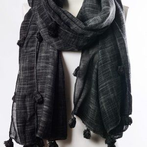 Pom Lightweight Tassel Scarf in Charcoal